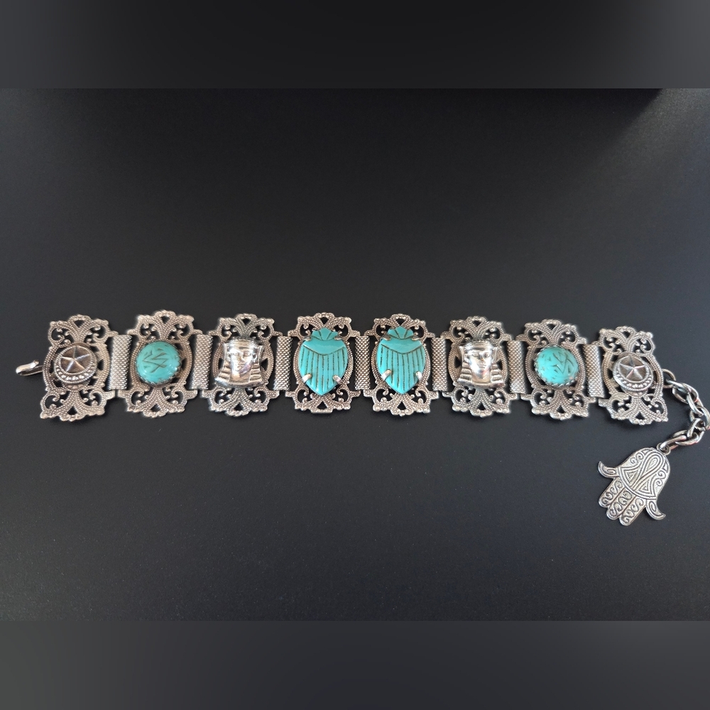 Vintage Egyptian Revival Bracelet: Turquoise Scarabs Art Deco Panel Filigree